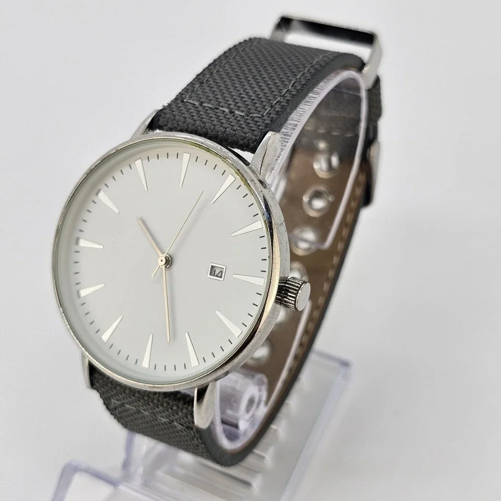 Men Analog Watch 41MM White Dial Date Gray Canvas Faux Leather Bands New Battery